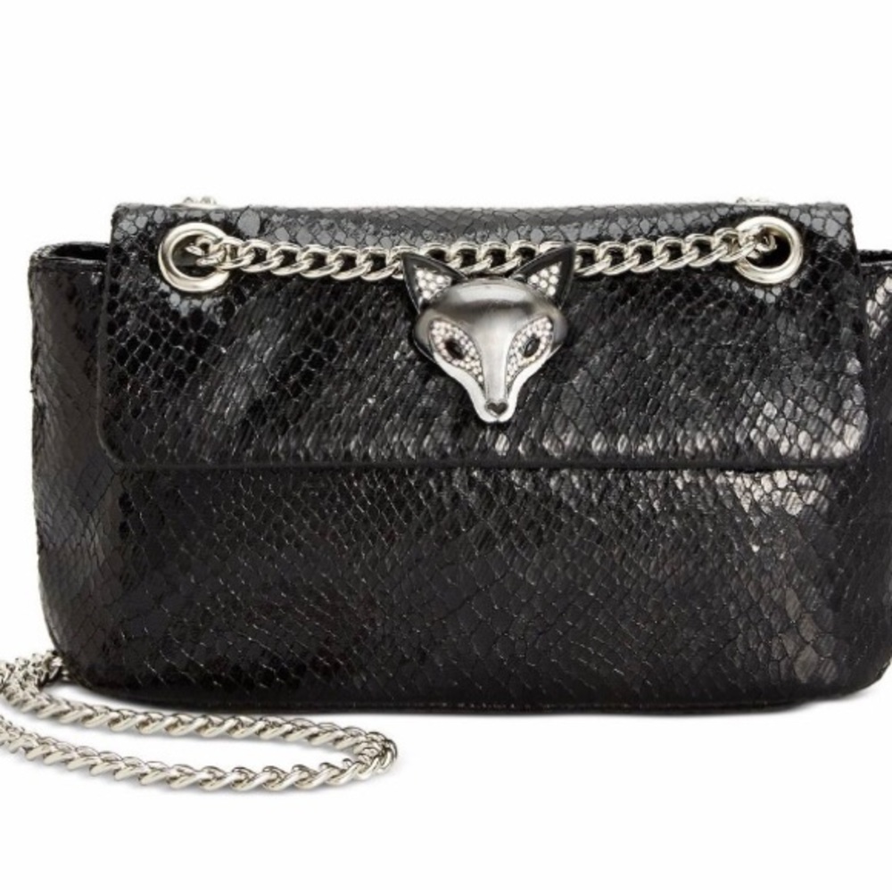 Betsey Johnson Slither & Shine Crossbody snake embossed, silver chain & fox NEW